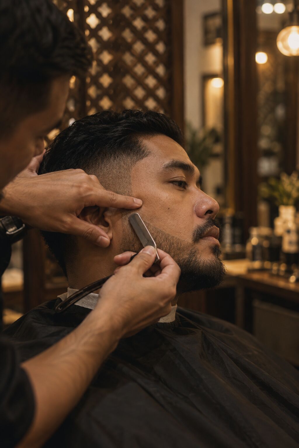 Barber shaping a beard line with a straight razor