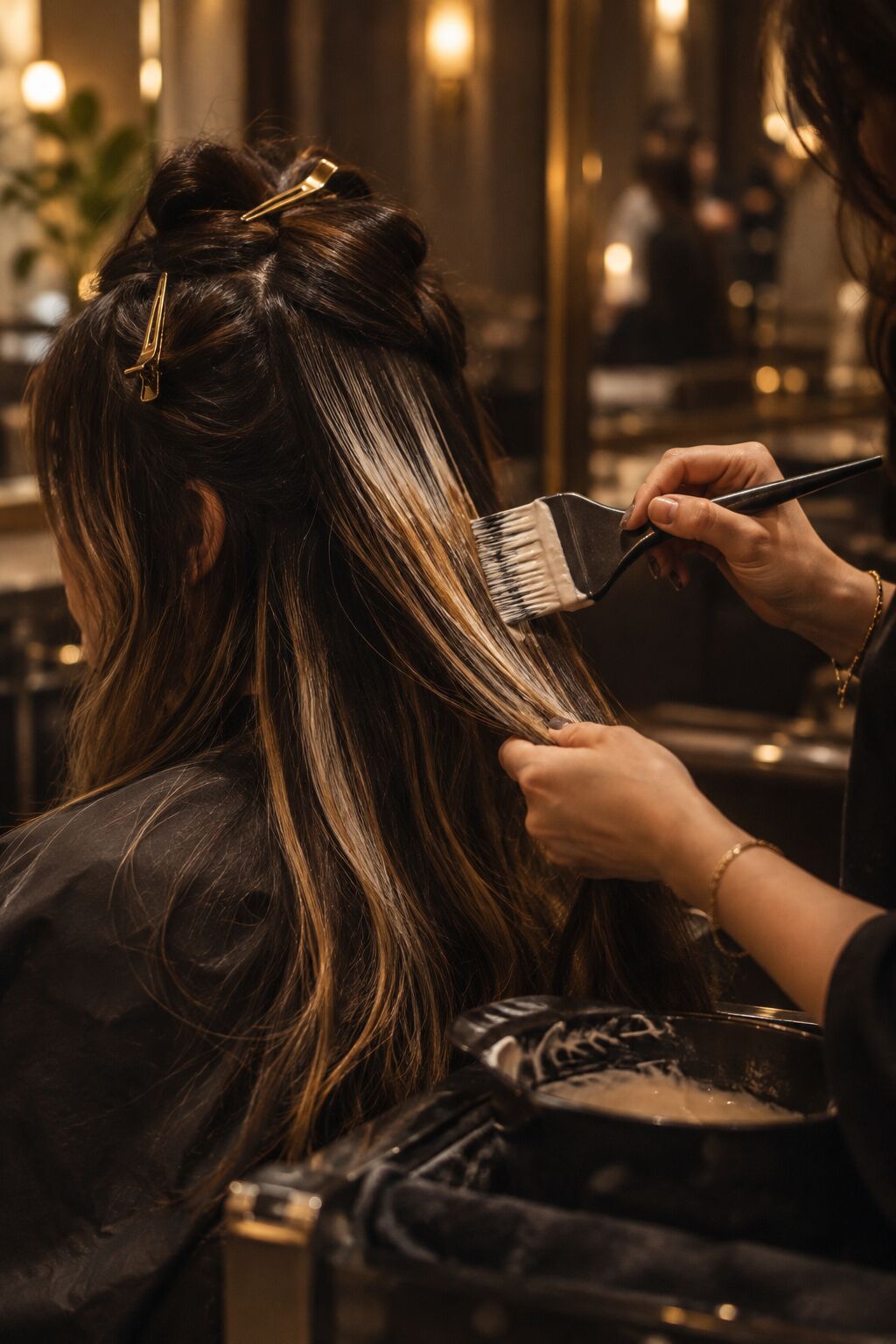 Colourist painting balayage onto long dark hair