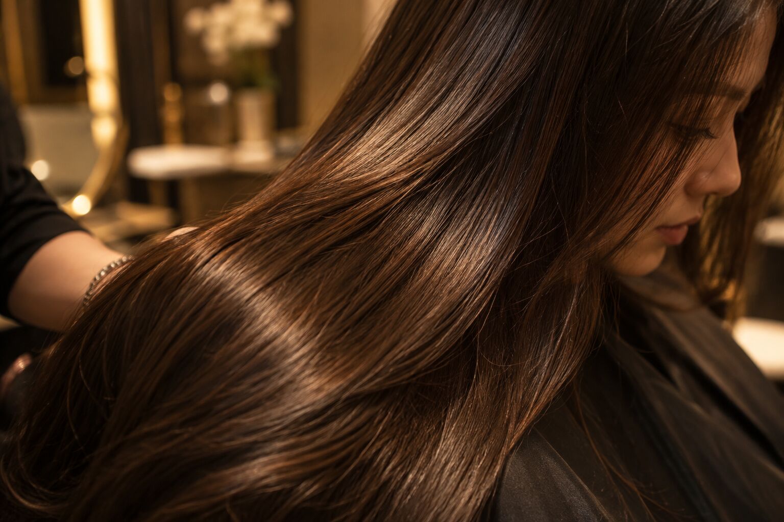Glossy long brown hair catching warm light