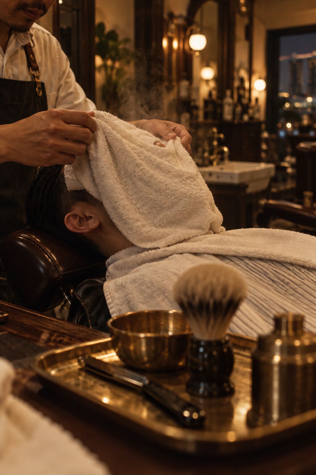 Hot towel over a reclined client, razor on a brass tray