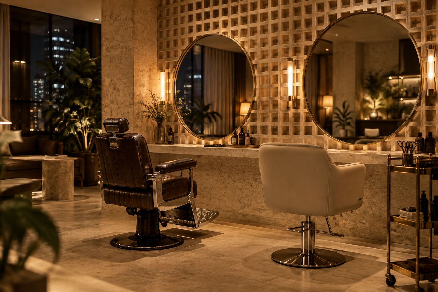 A barber chair beside a salon chair in a warm lattice-walled loft